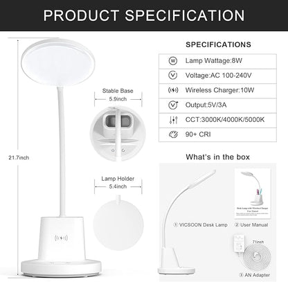 Desk Lamp for Home Office, LED Desk Lamp with Wireless Charger Pen Phone Holder, Dimmable Desk Light 3 Color Modes, College Dorm Study Lamp for College Dorm, CRI 90 800 Lumen - LeafyLoom