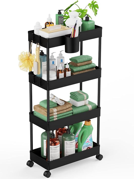 LEHOM Slim Rolling Storage Cart - 4 Tiers Bathroom Organizer Utility Cart Slide Out Storage Shelves Mobile Shelving Unit for Kitchen, Bedroom, Office, Laundry Room, Small Narrow Spaces Black - LeafyLoom