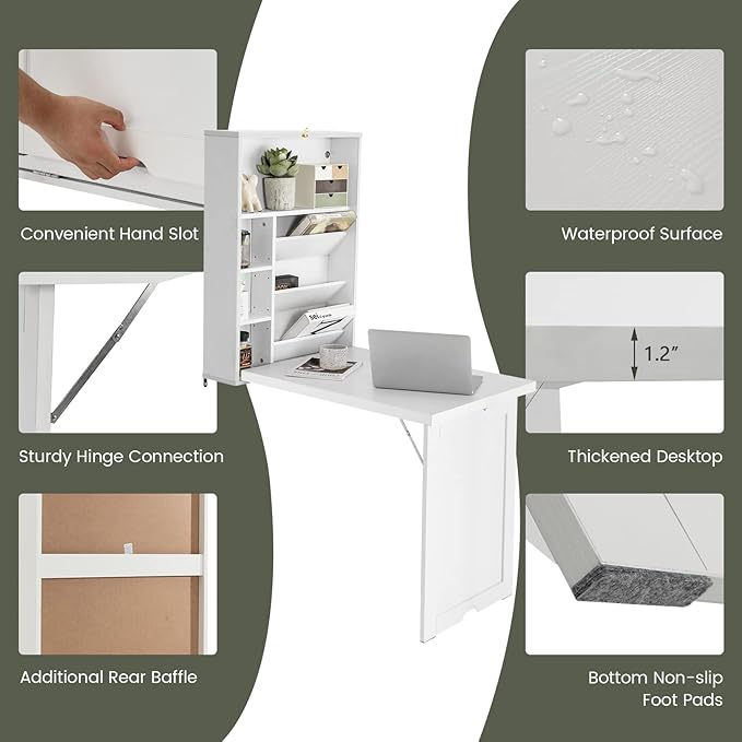 Wall Mounted Table w/Classified Storage Space, Foldable Multiple-Purpose Desk, Sturdy Wood Structure, White - LeafyLoom