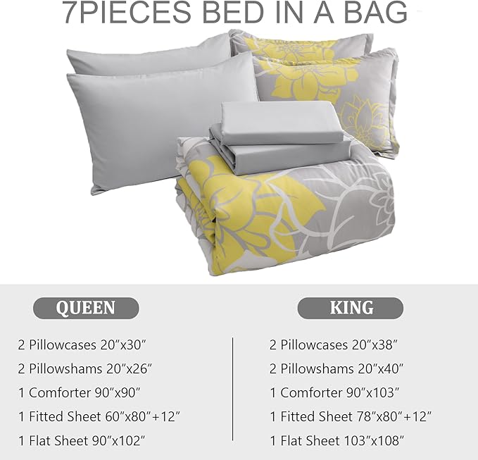 Floral Comforter Set Queen 7 Piece Bed in a Bag Yellow Floral Comforter with Sheet Set Soft Micorfiber Reversible Bedding Set (1 Comforter,2 Pillow Shams,1 Flat Sheet,1 Fitted Sheet,2 Pillowcases) - LeafyLoom