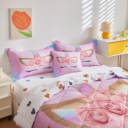 ADASMILE A & S Twin Unicorn Comforter Sets for Girls 6 Pieces Pink Floral Unicorn Bedding Set with Colorful Cute Love Heart Sheets Twin for Girls Unicorn Bed in a Bag Comforter for Home Decor - LeafyLoom