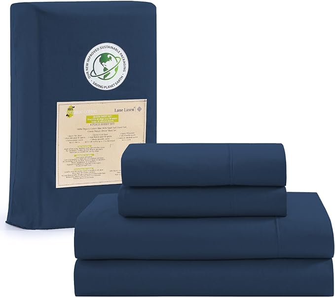 LANE LINEN 100% Organic Cotton Full Sheets Set 4-Piece Pure Percale Soft Bedding Breathable Fits Mattress Upto 15" Deep - Estate Blue - LeafyLoom