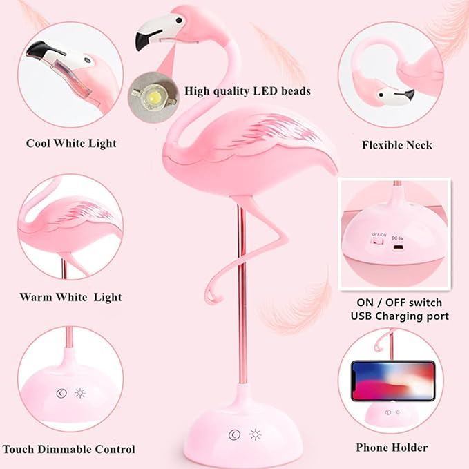 Fantasee Flamingo LED Desk Lamp Nursery Night Light USB Powered Touch Dimmable for Child Kids Students Bedroom Dorm Reading Birthday Party Gift (Pink Flamingo - USB Powered, NO Battery) - LeafyLoom