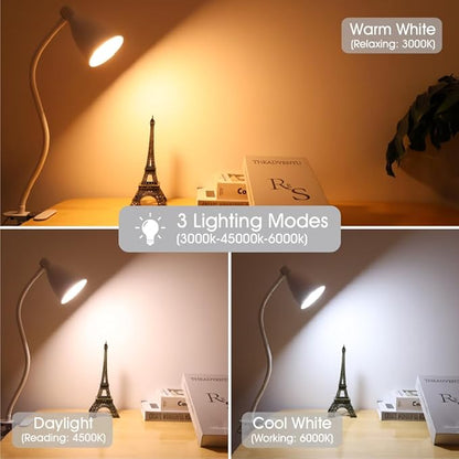 LED Desk Lamp Reading Lamp Clamp Lamp 3 Color Modes 10 Brightness Dimmer Table Lamp with Auto Off Timer Eye-Caring Office Lamp　360° Flexible Gooseneck Clip，AC Adapter Include,White (White) - LeafyLoom