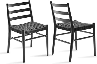 STARY Wood Rattan Dining Room Chairs Comfortable Woven Seat, Fully Assembled, Full Black - Set of 2 - LeafyLoom