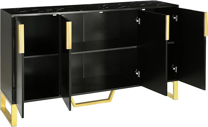 60" Modern Sideboard Buffet Cabinet with Four Doors,Metal Handles & Legs,Multifunctional MDF Storage Cupboard,W/Adjustable Shelves,for Hallway,Entryway Passage,Bedroom,Black - LeafyLoom