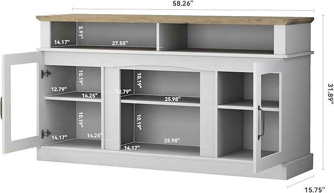 58 Inch TV Stand, Television Stands with 2 Tempered Glass Doors, Storage Cabinet and Shelves, Entertainment Center for Living Room, White+Wood - LeafyLoom