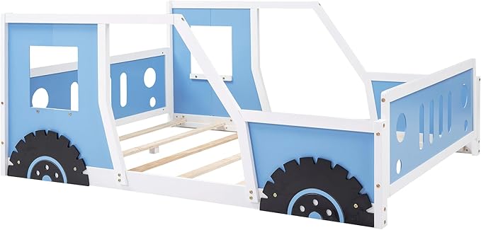 Full Size Floor Bed for Kids, Race Car-Shaped Wooden Platform Montessori Bed Frame with Guardrail and Door for Boys Girls Child's Bedroom, Slats Included, No Spring Need (Blue) - LeafyLoom