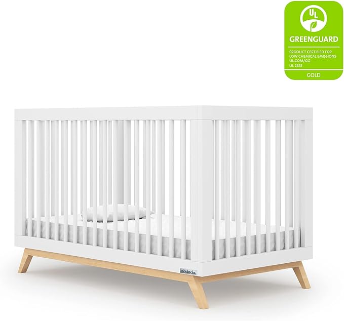 dadada Baby Soho 3-in-1 Convertible Crib – Made in Italy, GREENGUARD Gold, Adjustable Mattress Height, Solid Beechwood – Baby-Safe Finish, Modern Design 53.15 x 29.95 x 36.7 in (White + Natural) - LeafyLoom