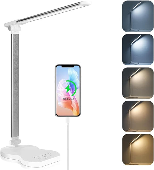 Led Desk Lamp with USB Charging Port, 5 Lighting Colors & 10 Brightness Reading Lamp, Foldable Dimmable LED Desk Light, 3000-6500K, Violin Shape Lamp Desk Lamps for Home Office-White - LeafyLoom