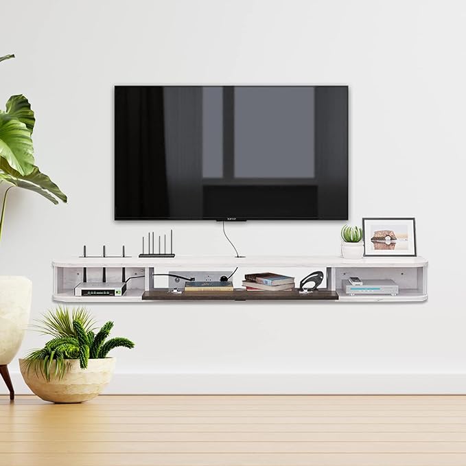 Pmnianhua Floating TV Console,63'' Wall-Mounted Media Console TV Cabinet Floating TV Stand Entertainment Shelf with Door and Storage (Grey White) - LeafyLoom