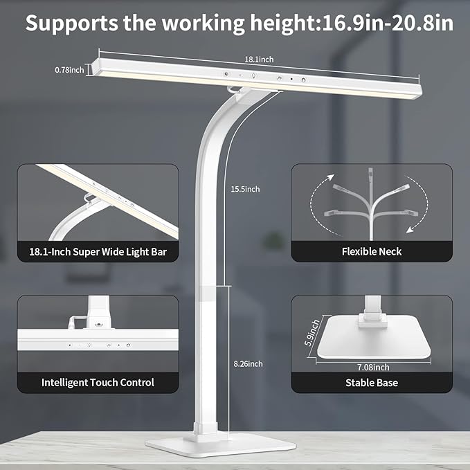 EppieBasic Led Desk Lamp,Architect Desk Lamps for Home Office, 12W Dimmable & 6 Color Modes Extra Bright Modern Table lamp with Base, Auto Dimming Overhead Desk Lighting for Workbench Monitor - LeafyLoom