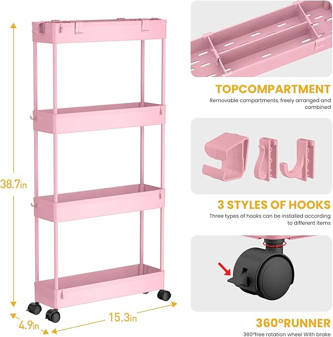 SPACELEAD Slim Storage Cart 4 Tier,Bathroom Storage Organizer Rolling Utility Cart, Mobile Shelving Unit Slide Out Storage Cart for Office, Bathroom, Kitchen, Laundry Room & Narrow Places， Pink - LeafyLoom