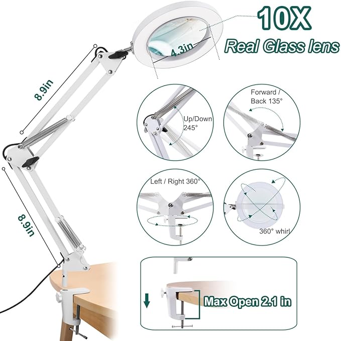 10X Magnifying Glass with Light, Krstlv Real Glass Lens Desk Lamp & Clamp, 3 Color Modes Stepless Dimmable, Hands Free LED Lighted Magnifier with Light and Stand for Reading Crafts Close Works - White - LeafyLoom