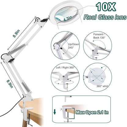 10X Magnifying Glass with Light, Krstlv Real Glass Lens Desk Lamp & Clamp, 3 Color Modes Stepless Dimmable, Hands Free LED Lighted Magnifier with Light and Stand for Reading Crafts Close Works - White - LeafyLoom