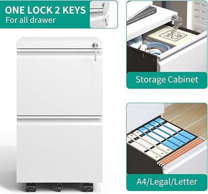 2 Drawer Mobile File Cabinet with Lock,Under Desk Metal Filing Cabinet for Home Office, Metal Small Rolling File Cabinet with 2 Keys for Legal/Letter/A4 Size Fully Assembled Except Wheels (White) - LeafyLoom