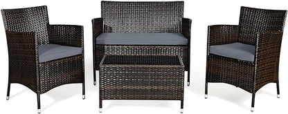 Goplus 4-Piece Rattan Patio Set, Outdoor/Indoor Wicker Conversation Set for Pool, Backyard, Lawn, Wicker Chairs and Sofa with Soft Cushion, Rattan Furniture with Tempered Glass Coffee Table - LeafyLoom