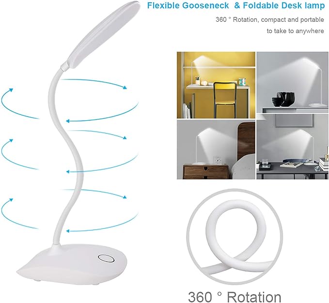 DEEPLITE LED Desk Lamp with Flexible Gooseneck 3 Level Brightness, Battery Operated Table Lamp 5W Touch Control,Compact Portable lamp for Dorm Study Office Bedroom,Eye-Caring and Energy Saving - LeafyLoom