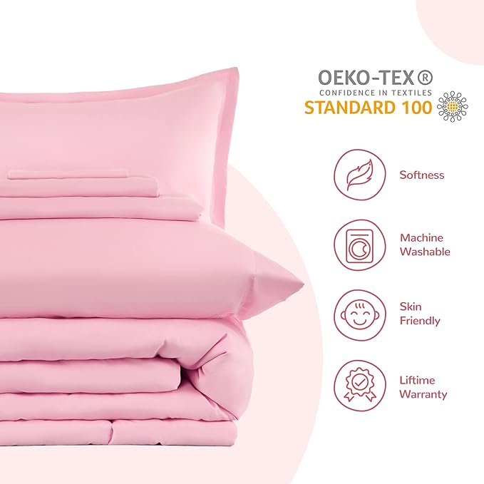 SLEEP ZONE Kids Bedding Comforter Set Full/Queen Size - Super Cute & Soft Kids Bedding 7 Pieces Set with Comforter, Sheet, Pillowcase & Sham (Ballet Pink Color) - LeafyLoom