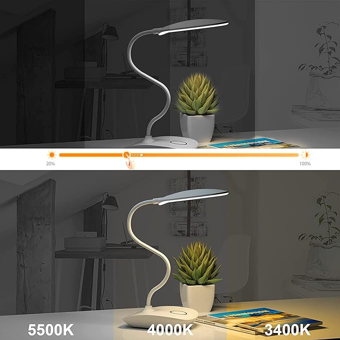 DEEPLITE Battery Operated Desk Lamp, LED Desk Light 3 Lighting Stepless Dimming, Table Lamp 5W Touch Control Eye Caring, Flexible Gooseneck, Portable Reading Light for Dorm Study Bedroom (Set of 2) - LeafyLoom