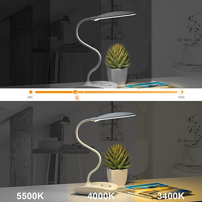 DEEPLITE Battery Operated Desk Lamp, LED Desk Light 3 Lighting Modes Stepless Dimming, Table Lamp 5W Touch Control Eye Caring, Flexible Gooseneck, Portable Reading Light for Dorm Study Office Bedroom - LeafyLoom