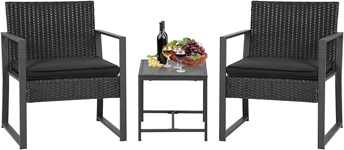 FDW Wicker Patio Chairs Rattan Bistro Set Outdoor Furniture for Backyard Porch Poolside Lawn, Cushion, Black and Black - LeafyLoom