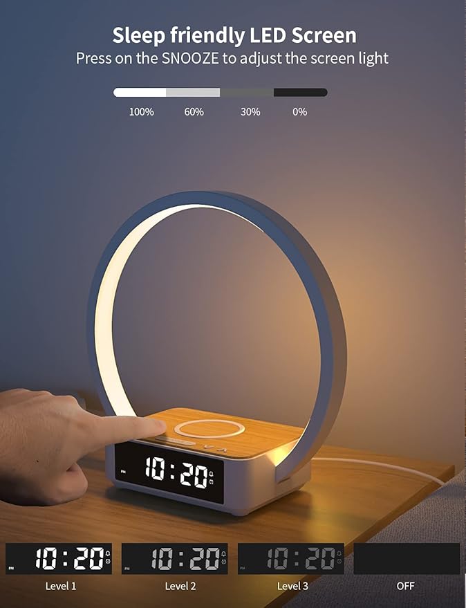 Amouhom Table Lamp, 18W Touch Lamp Alarm Clock with Wireless Charging Wake-Up Light, Digital Sonic 10W Max Qi Charger Nightstand Reading Lamps for Bedside, Reading, Home, Office - LeafyLoom