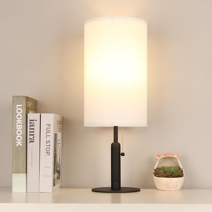 Bedside Table Lamp for Nightstand Living Room Lamps for Bedroom Metal Fabric Pull Chain Switch Small Desk Lamps 3-Color Temperatures Home Office End Table Room Décor (White+Black) - LeafyLoom