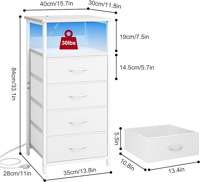 Fixwal Dresser for Bedroom, LED Tall Nightstand with Charging Station Night Stand with USB Ports and Outlets, 4 Fabric Storage Drawers with PU Finish, Bed Side Table, White - LeafyLoom