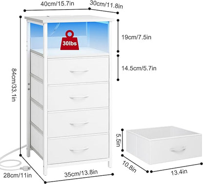 Fixwal Dresser for Bedroom, LED Tall Nightstand with Charging Station Night Stand with USB Ports and Outlets, 4 Fabric Storage Drawers with PU Finish, Bed Side Table, White - LeafyLoom