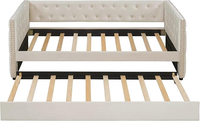 Twin Size Tufted Upholstered Daybed with Trundle, Solid Wood Velvet Bed with Rivet, Box-spring Needed, Space-Saving Design, for Living Room, Bedroom, Dorm, Beige-6 - LeafyLoom