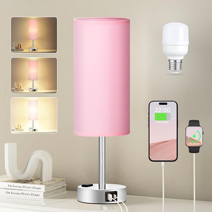 Pink Lamp for Bedroom Nightstand - 3 Way Dimmable Touch Table Lamp USB C Charging Ports, Small Lamp with AC Outlet for Desk Girls Room, LED Bulb Included - LeafyLoom