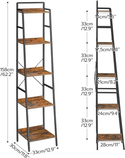 HOOBRO Bookcase, 5-Tier Narrow Bookshelf, Industrial Ladder Shelf, Skinny Bookshelf for Small Spaces, Corner Storage Shelf for Home Office, Living Room, Rustic Brown and Black BF35SJ01 - LeafyLoom