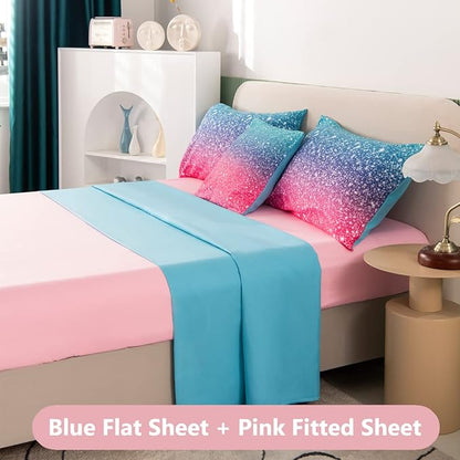 PERFEMET 6Pcs Pink Full Size Comforter Sets for Girls Colorful Rainbow Glitter Kids Bedding Set Sparkly Pastel Ombre Teen Girl Bed in A Bag Comforter Set with Sheets (Pink Blue, Full) - LeafyLoom