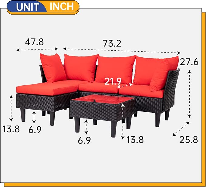 FDW Patio Furniture Sets 5 Pieces Outdoor Wicker Conversation Set Sectional Sofa Rattan Chair for Outdoor Backyard Porch Poolside Balcony Garden Furniture with Coffee Table,Red Cushion - LeafyLoom