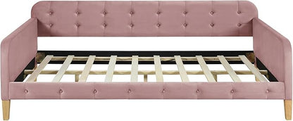 Twin Size Velvet Upholstered Dayed with 4 Support Legs,Multifunction Solid Wood Bed Frame,W/Backrest and Armrests,No Box Spring Needed,for Living Room Dormitory Apartment,Pink - LeafyLoom