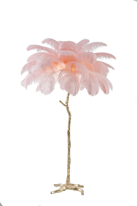 Luxury Resin Ostrich Feather Lamp, 35 Pieces real ostrich feathers,Feather Floor Lamp,Standing Lamp for Living Room, Bedroom and Office 67” Tall Feather Lamp (Pink) - LeafyLoom