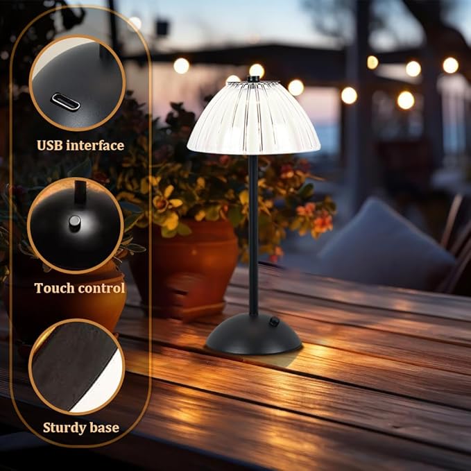 Portable Crystal LED Table Lamp, 3-Levels Brightness Desk Lamp, 3 Color Touch Control Rechargeable Lamp, Night Light, Bedside Lamp,Dining Room Lamp (Black) - LeafyLoom