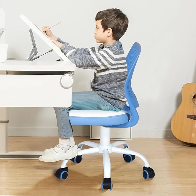 FurnitureR Desk Chair Small Study Chairs Armless for Child Kids Teens, Swivel Rolling Lightweight Task Chair with Wheels and Pu Leather Padded Cushion, Blue/White - LeafyLoom