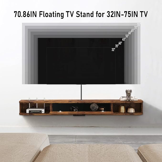 Floating TV Unit, 71'' Wall Mounted TV Cabinet, Floating Shelves with Door, Modern Entertainment Media Console Center Large Storage TV Bench for Living Room (70.86IN, Rustic Brown) - LeafyLoom