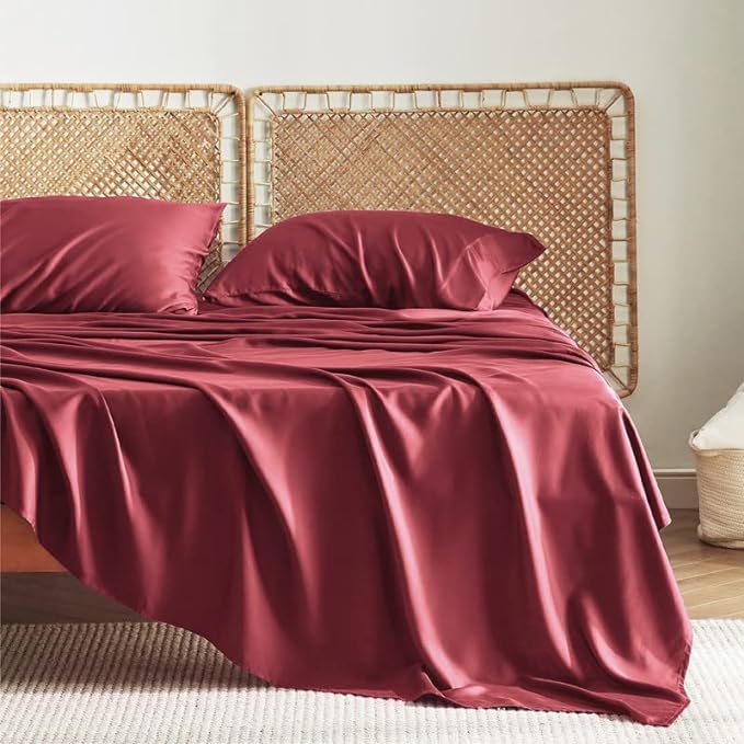 Bedsure Full Size Sheets, Cooling Sheets Full, Rayon Derived from Bamboo, Deep Pocket Up to 16", Breathable & Soft Bed Sheets, Hotel Luxury Silky Bedding Sheets & Pillowcases, Burgundy - LeafyLoom