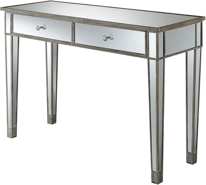 Convenience Concepts Gold Coast Mirrored Desk 42" - Console Table with 2 Drawers for Storage in Living Room, Office, Weathered White/Mirror - LeafyLoom