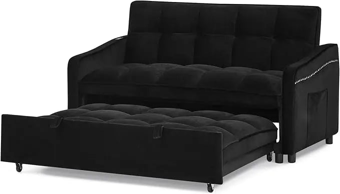 Tufted Convertible Futon Loveseat Pull Out Couch Bed 3 in 1 Velvet Upholstered Sleeper Sofa Recliner Love Seat Lounge Chaise Daybed with Adjustable Backrest Type C and USB Charging for Living Room - LeafyLoom