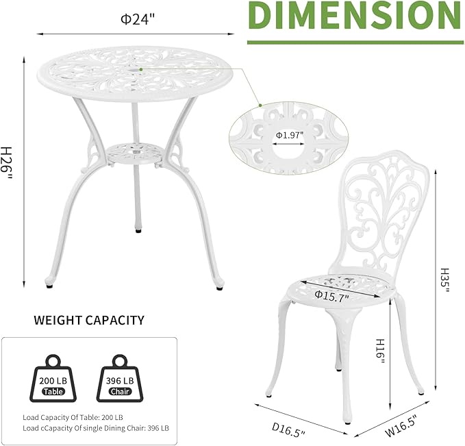 3 Piece Patio Set Outdoor Cast Aluminum Patio Bistro Table and Chairs Set of 2,All Weather Outdoor Bistro Sets with 1.97" Umbrella Hole for Front Porch Set,Garden(White) - LeafyLoom