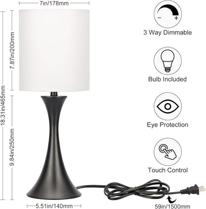 3 Way Touch Control Table Lamp, Modern Bedside Lamp for Bedroom, Dimmable Black Nightstand Lamp White Shade Desk Reading Light for Living Room Office Dorm, 3000K LED Bulb Included - LeafyLoom