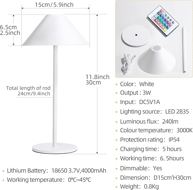 oneleaf Table Lamp RGB Modern LED Cordless,Rechargeable Battery Touch Desk lamp with remote control, Night Light, Metal Shell, for Couple Dinner/Restaurant/Bedroom/Camp-White - LeafyLoom