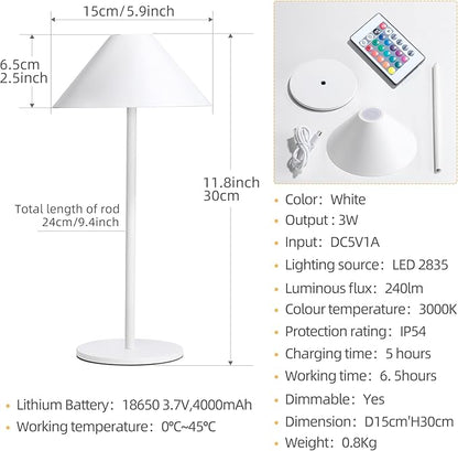 oneleaf Table Lamp RGB Modern LED Cordless,Rechargeable Battery Touch Desk lamp with remote control, Night Light, Metal Shell, for Couple Dinner/Restaurant/Bedroom/Camp-White - LeafyLoom