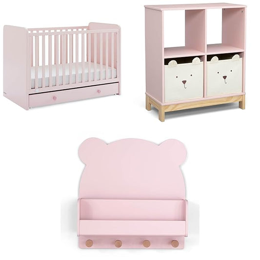 Delta Children babyGap Graham 4-in-1 Convertible Crib with Storage Drawer + Brannan Bear Bookcase with Bins + Brannan Bear Wall Shelf with 4 Hooks, Blush Pink/Dark Pink (Bundle) - LeafyLoom