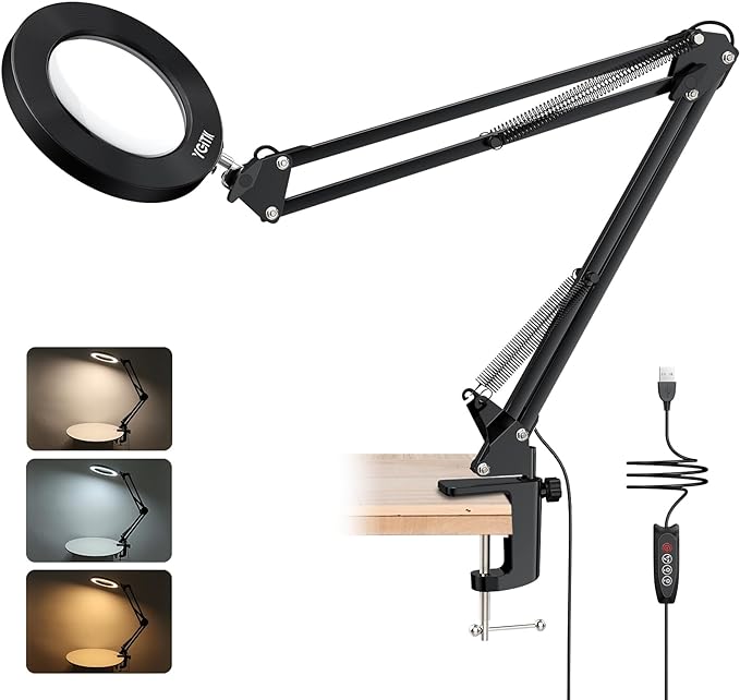 Magnifying Glass with Light, 8X Magnifying Desk Lamp with Clamp 3 Lighting Color Modes,Adjustable Swivel Arm 10 Brightness Levels LED Magnifier Desk Lamp for Reading Repair(Arm Length:29inch) - LeafyLoom