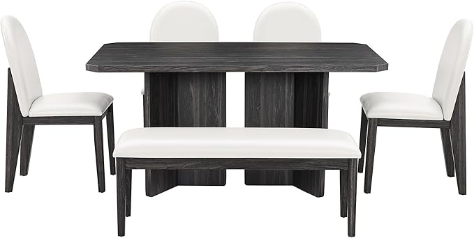 Modern 6-Piece, Including 60-inch Table, 4 Upholstered Chairs and Bench, Solid Wood Dining Set for Kitchen, Living Room, Apartment, Farmhouse, Black+White - LeafyLoom